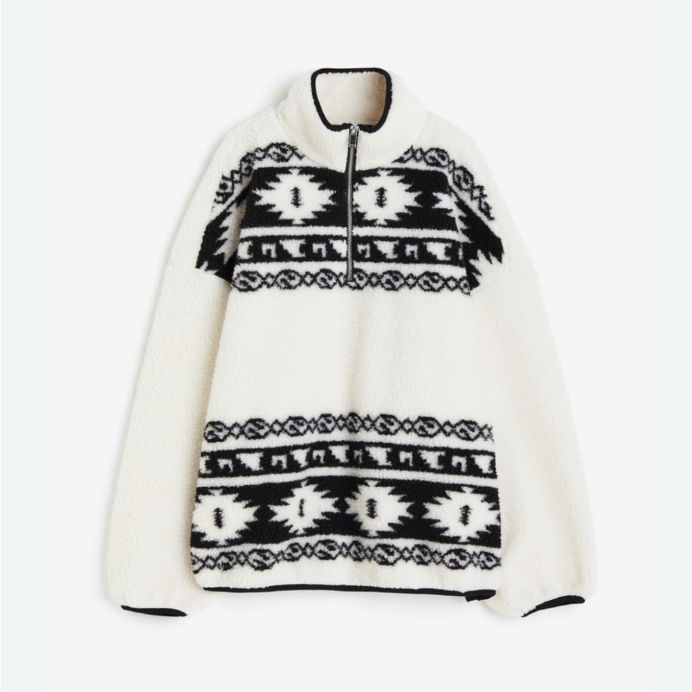 NWT H&M half zip teddy jacket black/white